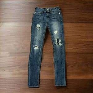 Women's Indigo Rein Skinny Dark Distressed Wash Blue Raw Hem buttons Jeans SZ 1